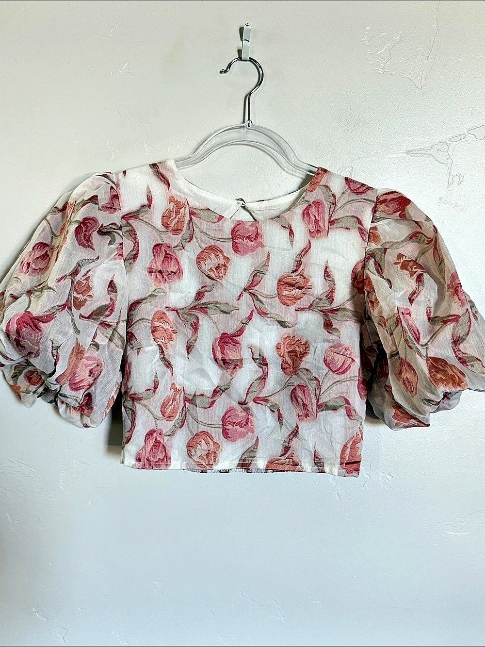Floral Puff Sleeve Top in White & Pink Size Small